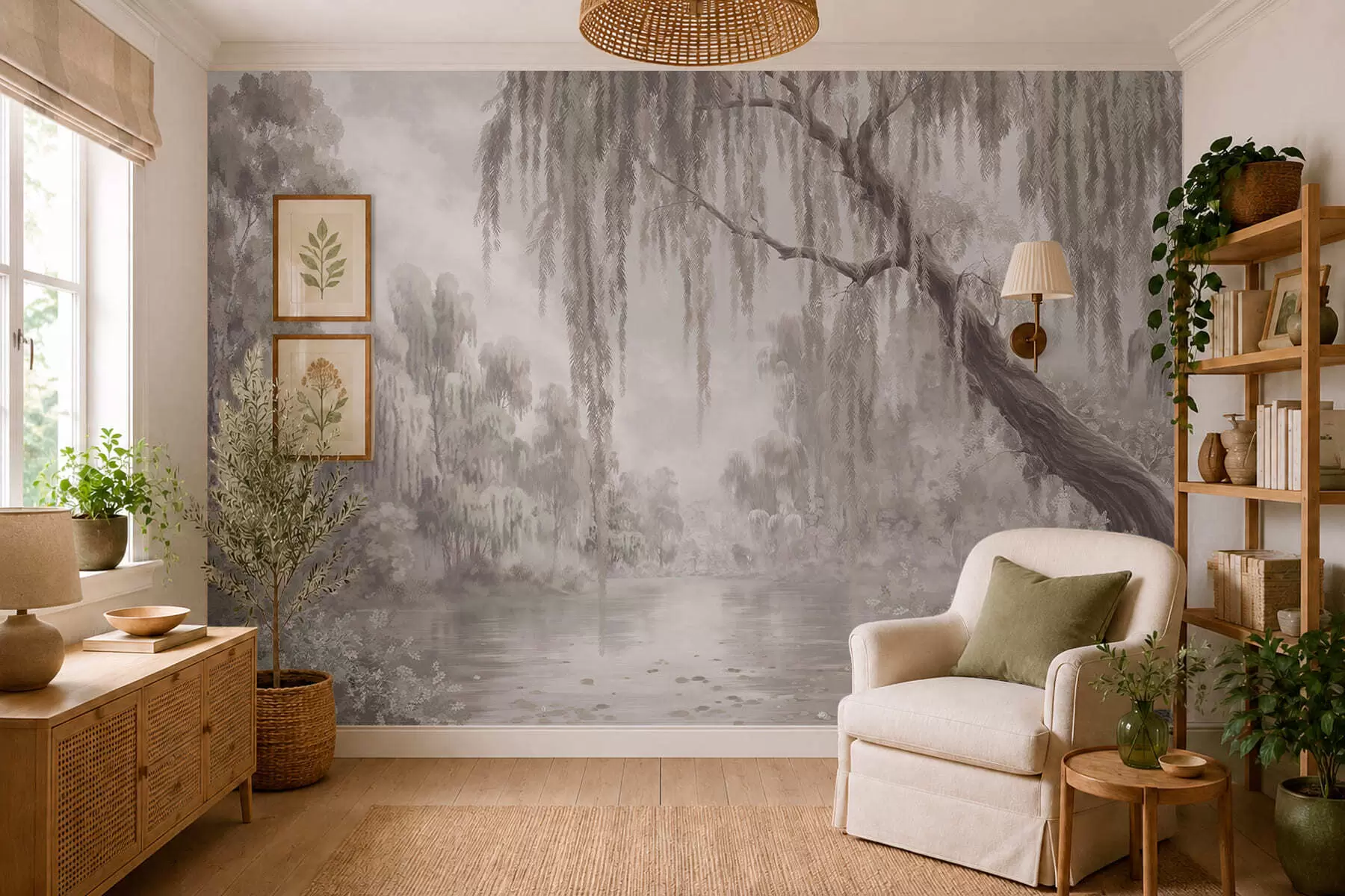 murales de pared Escena monocromática con sauces sobre aguas tranquilas w05631