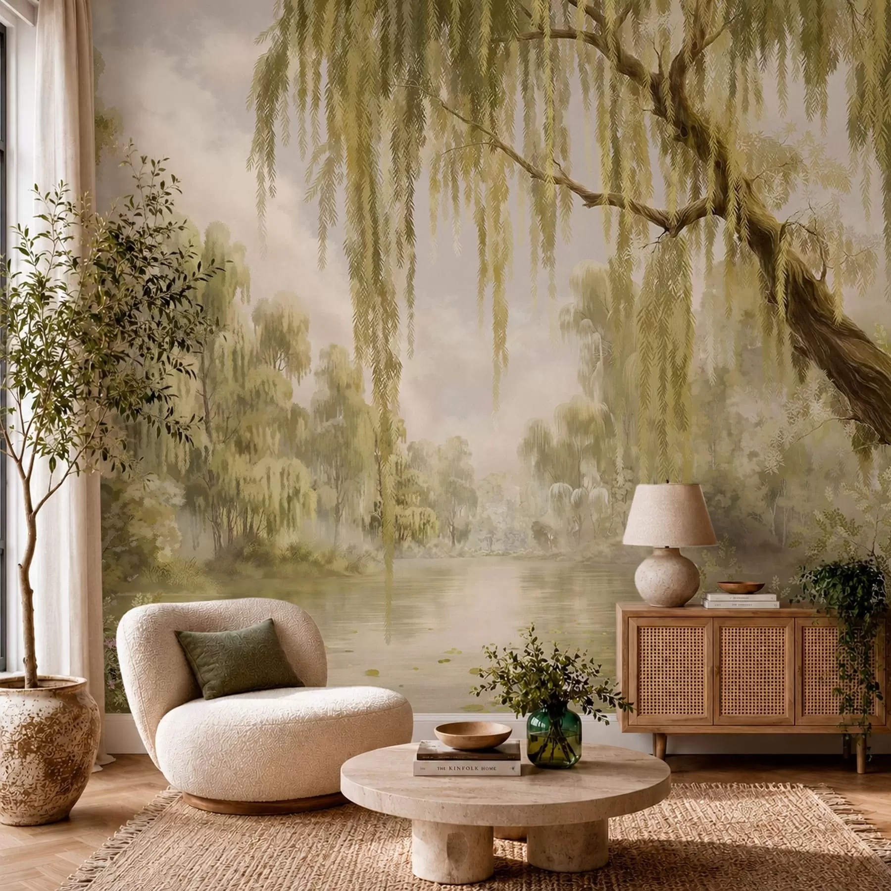 murales de pared Escena soleada con sauces junto a un estanque tranquilo w05631v1