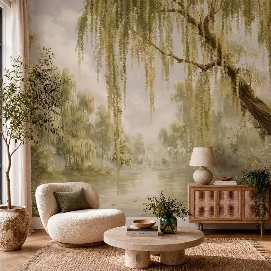 murales de pared Escena soleada con sauces junto a un estanque tranquilo w05631v1