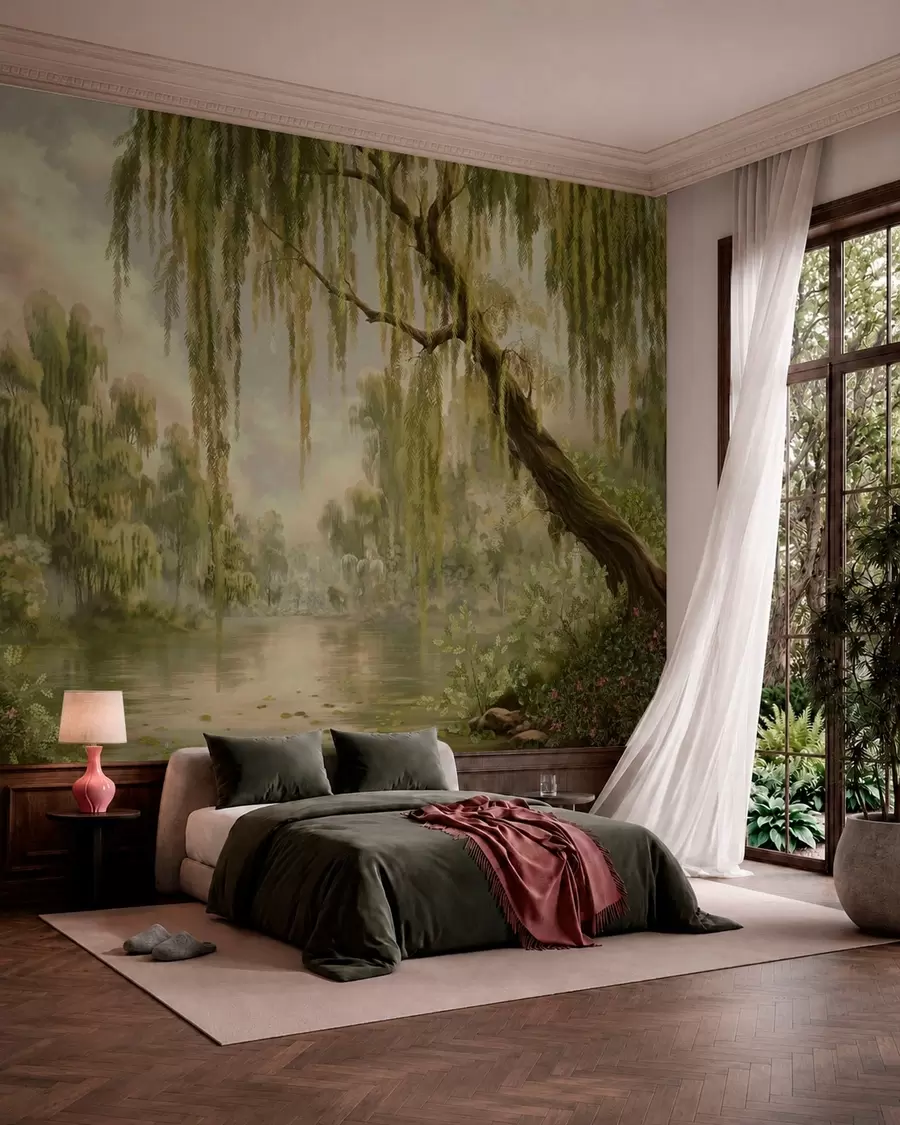 murales de pared Paisaje sombreado con sauces sobre el agua w05631v2