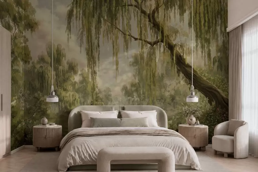 murales de pared Paisaje sombreado con sauces sobre el agua w05631v2