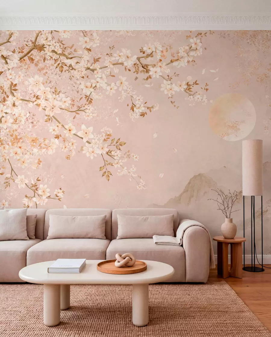 murales de pared Una rama en flor sobre las montañas envueltas en niebla y el sol w05695
