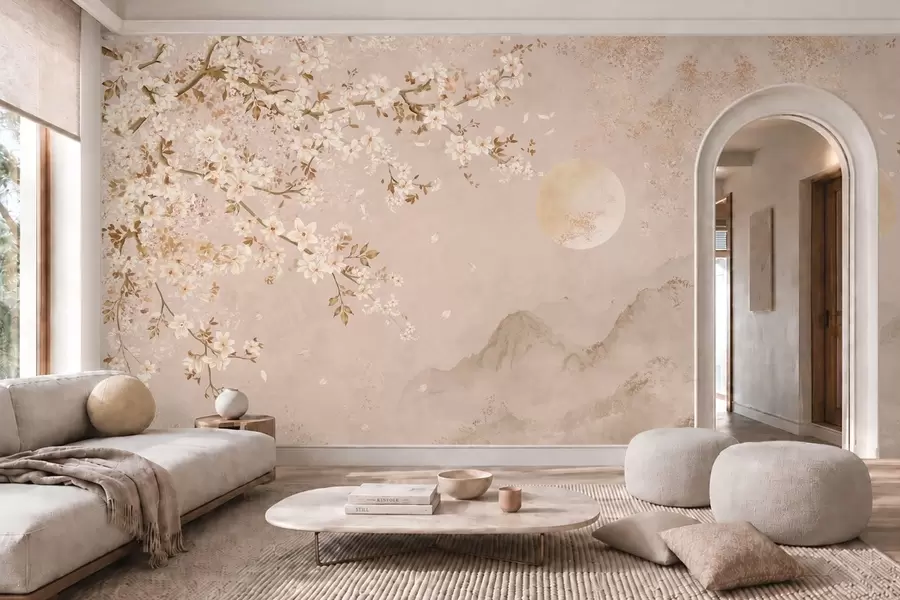 murales de pared Una rama en flor sobre las montañas envueltas en niebla y el sol w05695