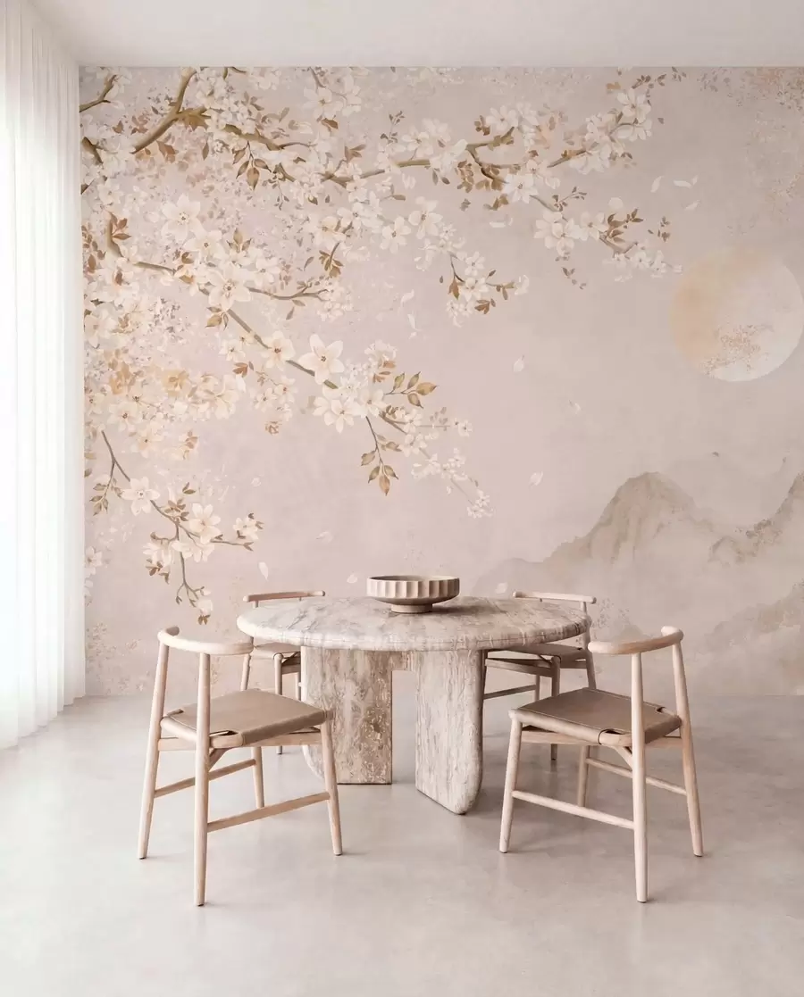 murales de pared Una rama en flor sobre las montañas envueltas en niebla y el sol w05695