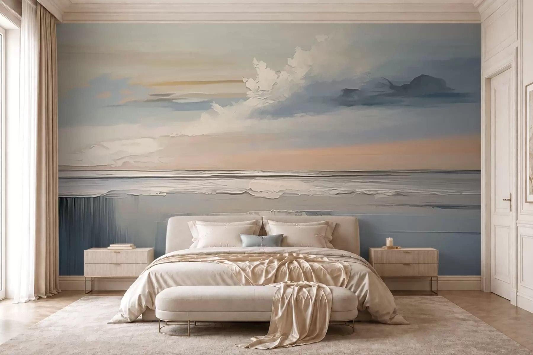 murales de pared Costa en tonos pastel con nubes y reflejos en el agua w05687