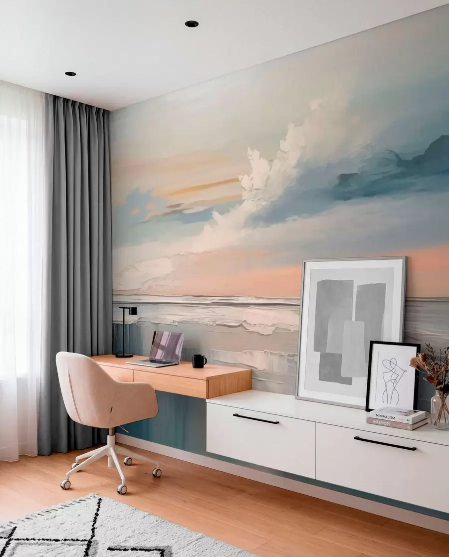 murales de pared Costa en tonos pastel con nubes y reflejos en el agua w05687