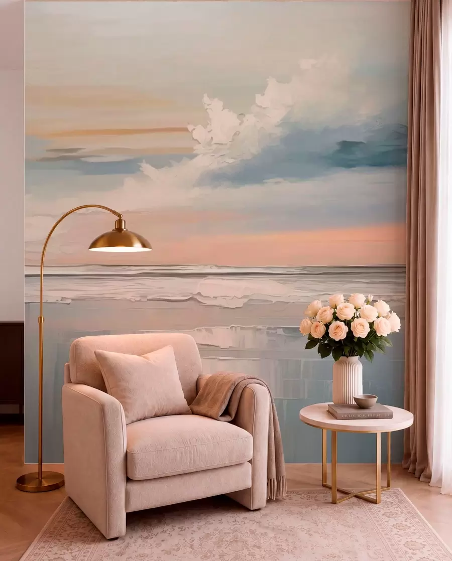 murales de pared Costa en tonos pastel con nubes y reflejos en el agua w05687