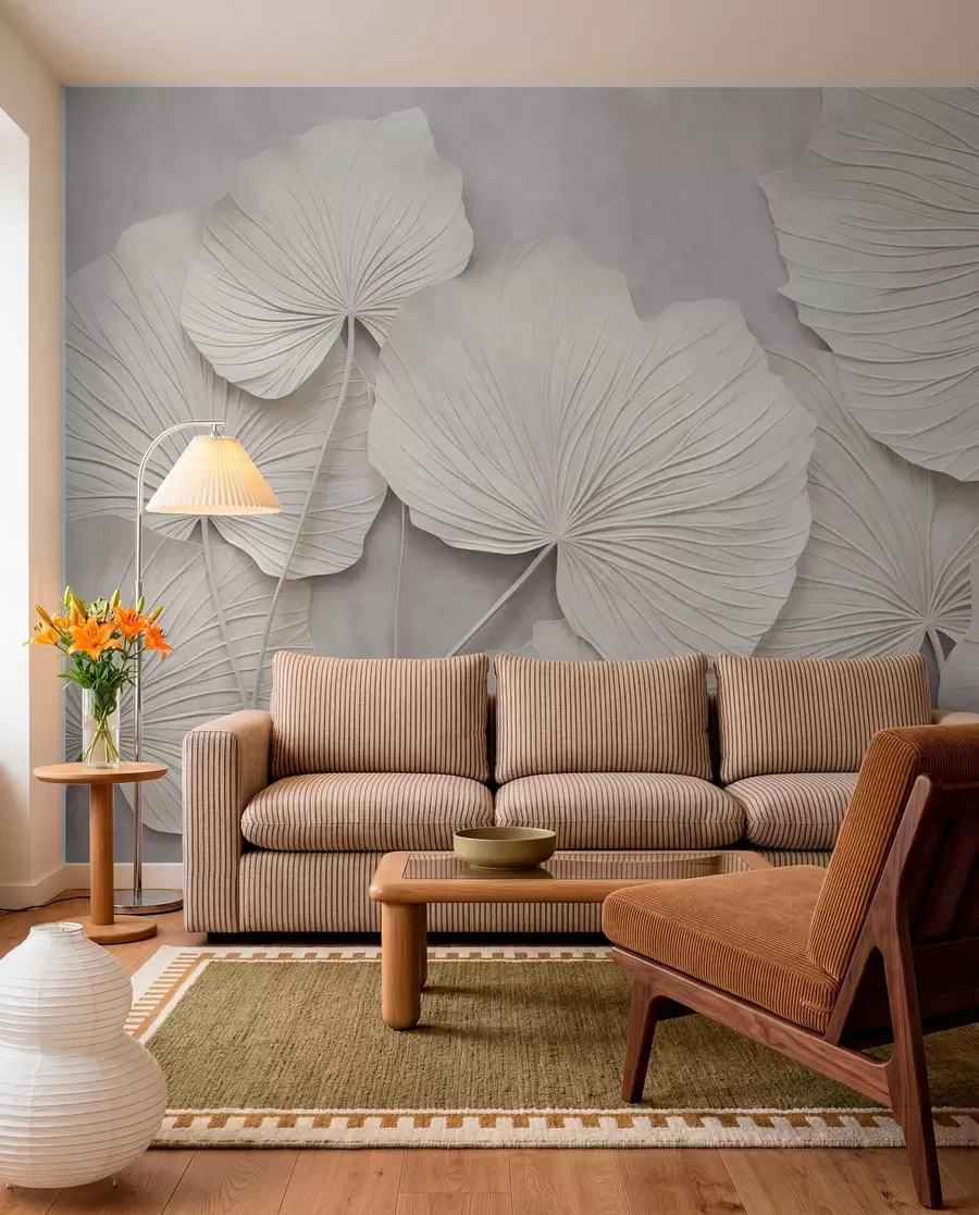 murales de pared Hojas grandes y con textura sobre un fondo suave y apagado; arte moderno minimalista w09897