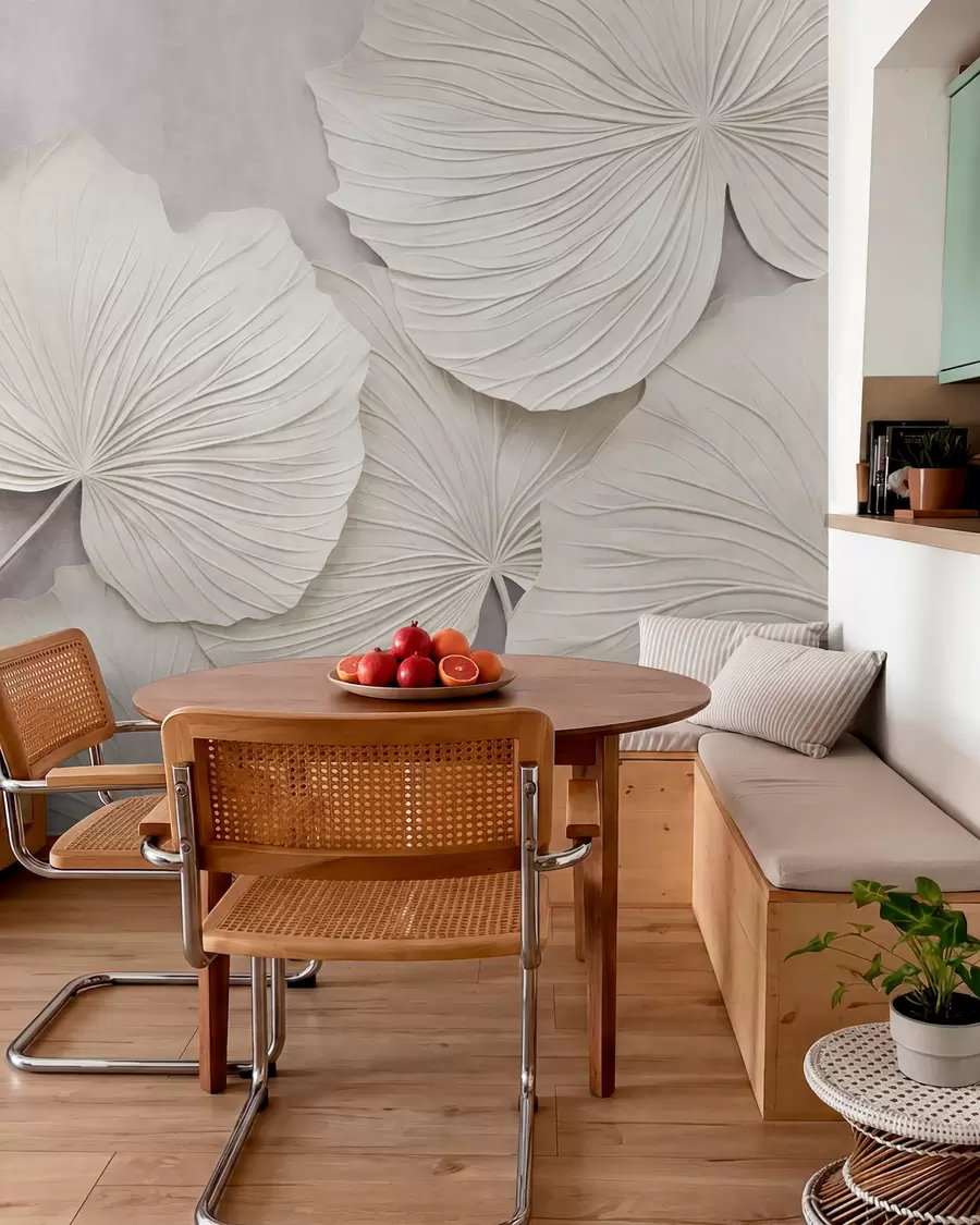 murales de pared Hojas grandes y con textura sobre un fondo suave y apagado; arte moderno minimalista w09897