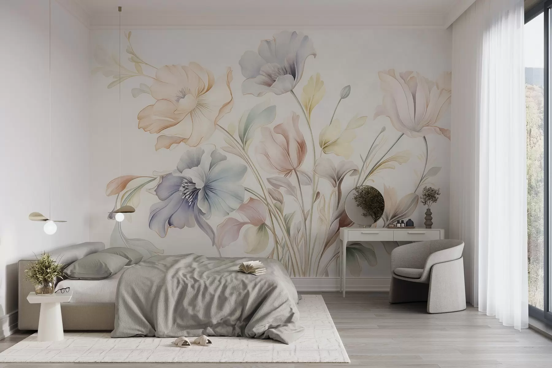murales de pared Delicadas flores en tonos pastel de rosa, azul y amarillo con hojas verdes, sobre un fondo claro w09898