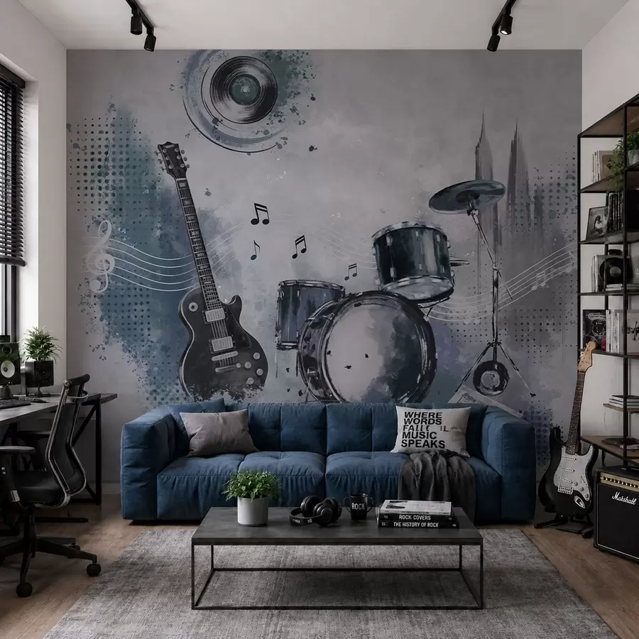murales de pared Guitarra y batería con notas musicales w05546
