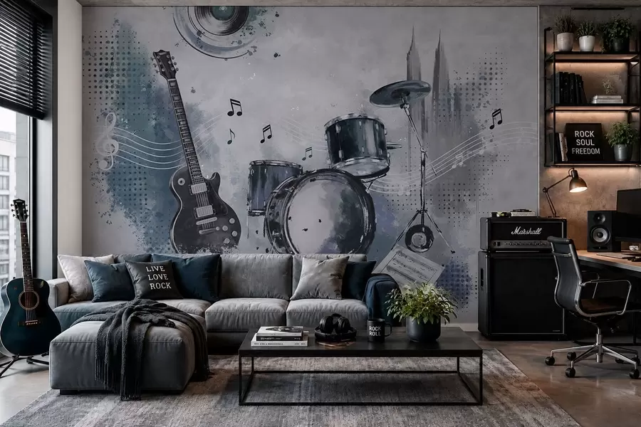 murales de pared Guitarra y batería con notas musicales w05546