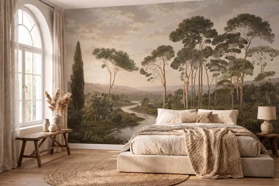 murales de pared Paisaje con río, árboles y colinas en la lejanía w05696