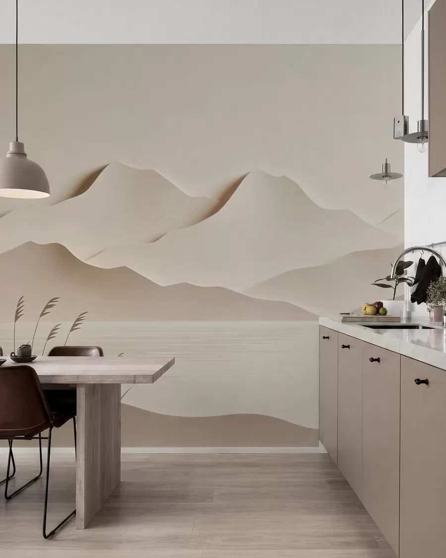 murales de pared Paisaje montañoso con varias capas sobre un lago tranquilo, en una cálida gama de tonos beige w09876