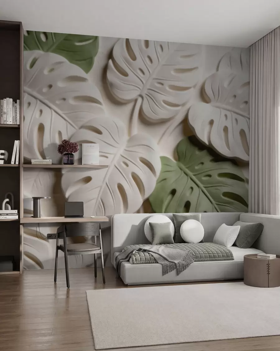 murales de pared Hojas de monstera botánicas en relieve en tonos crema y verde w09883