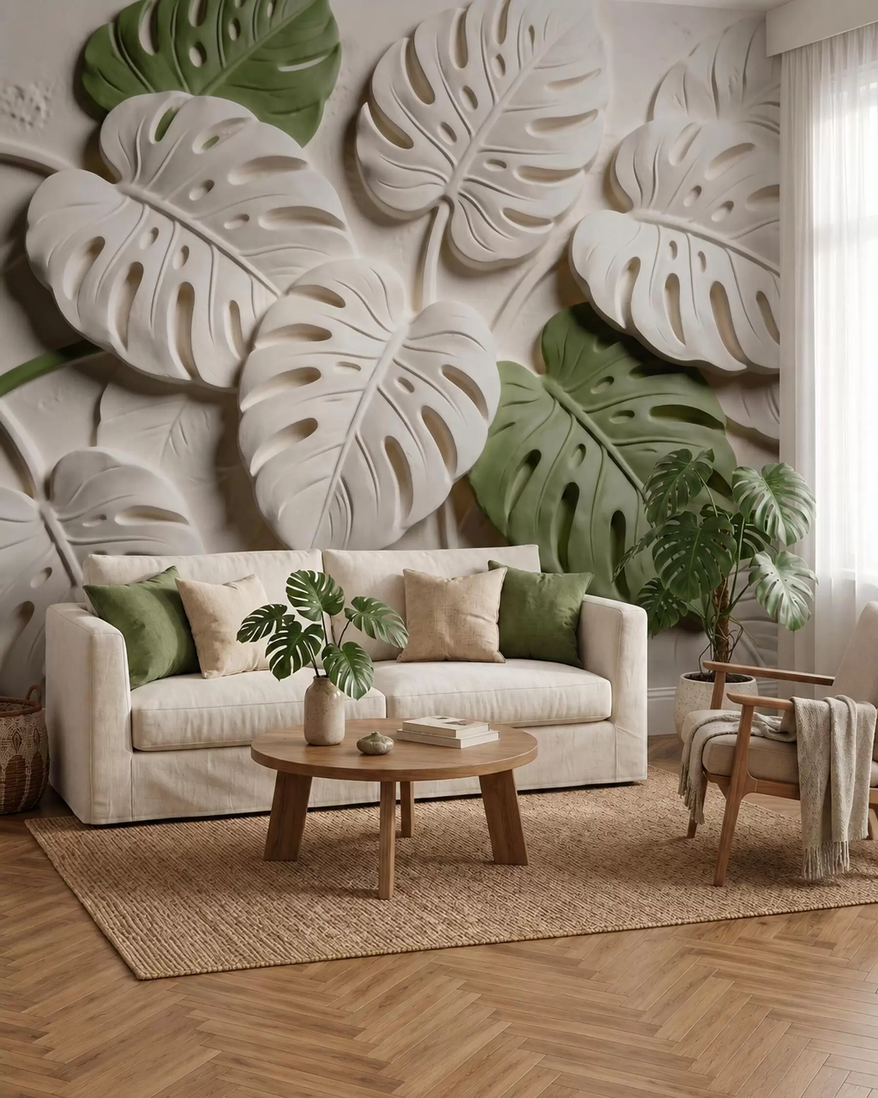 murales de pared Hojas de monstera botánicas en relieve en tonos crema y verde w09883