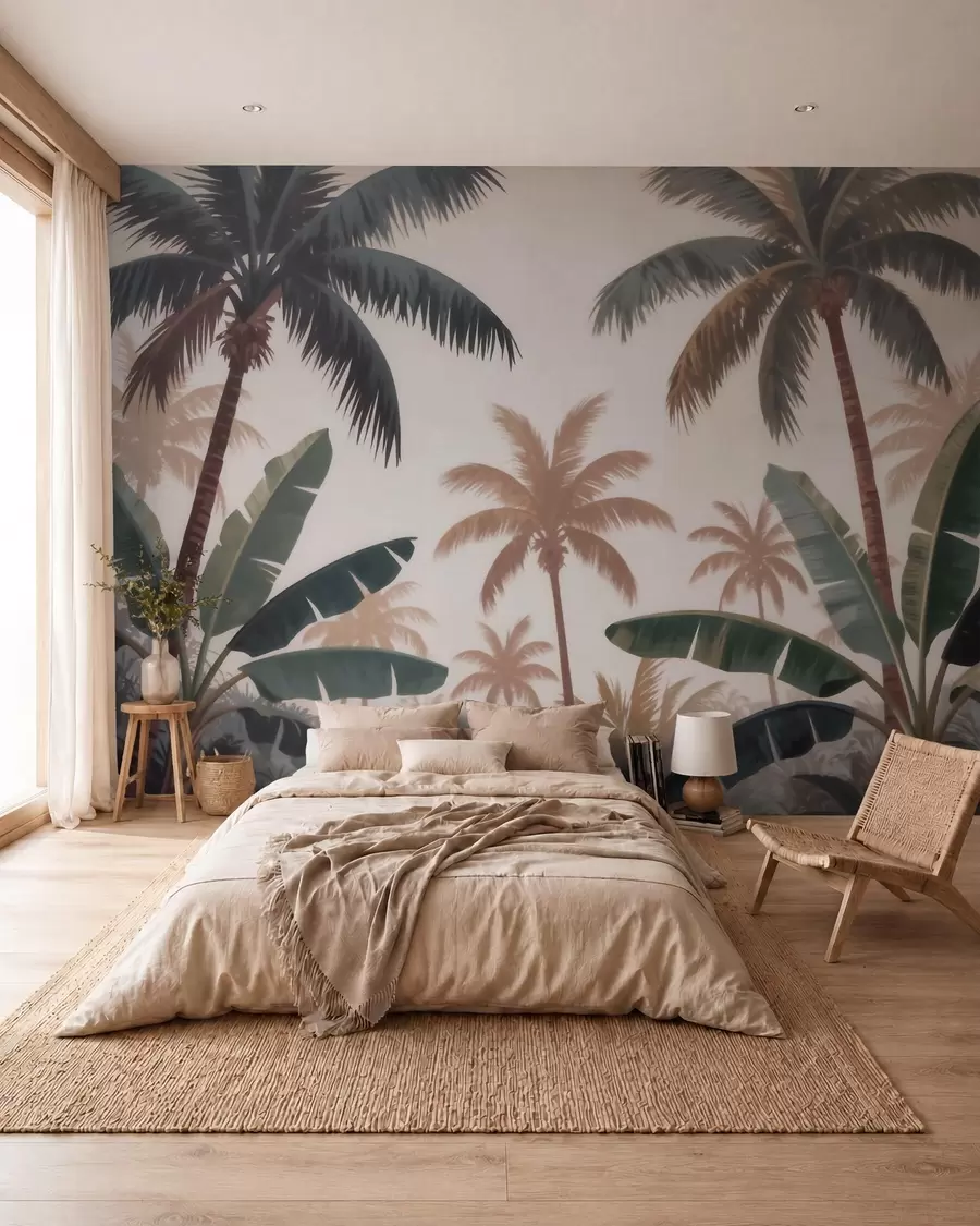 murales de pared Palmeras tropicales en una suave paleta de colores vintage con un ambiente brumoso de mañana w09884