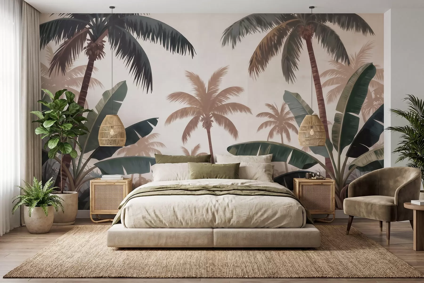 murales de pared Palmeras tropicales en una suave paleta de colores vintage con un ambiente brumoso de mañana w09884