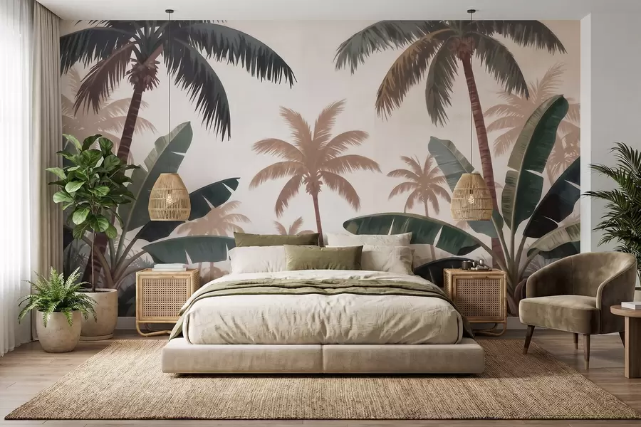 murales de pared Palmeras tropicales en una suave paleta de colores vintage con un ambiente brumoso de mañana w09884