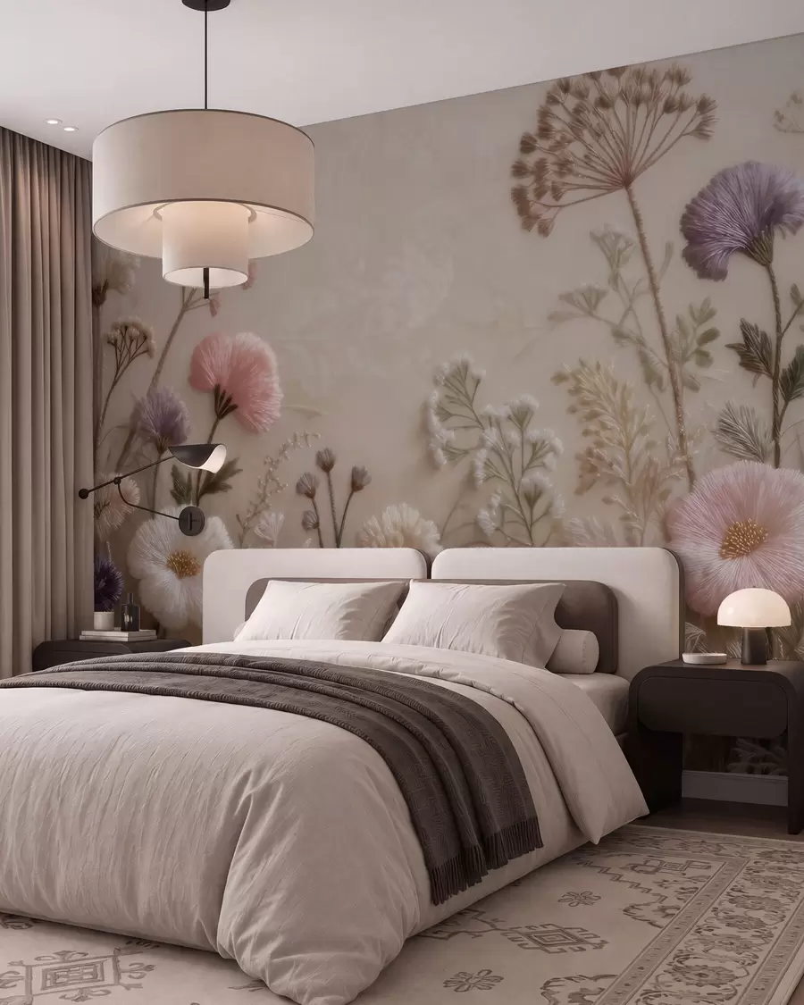 murales de pared Flores silvestres tridimensionales con un efecto de bordado artesanal en una paleta de colores pastel w09874