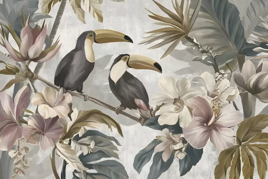 murales de pared una pareja de tucanes entre flores y hojas tropicales w05657