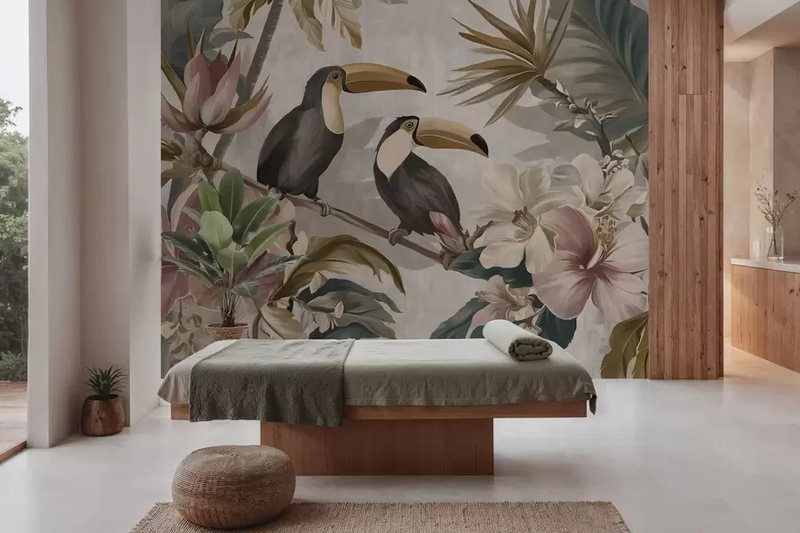 murales de pared una pareja de tucanes entre flores y hojas tropicales w05657