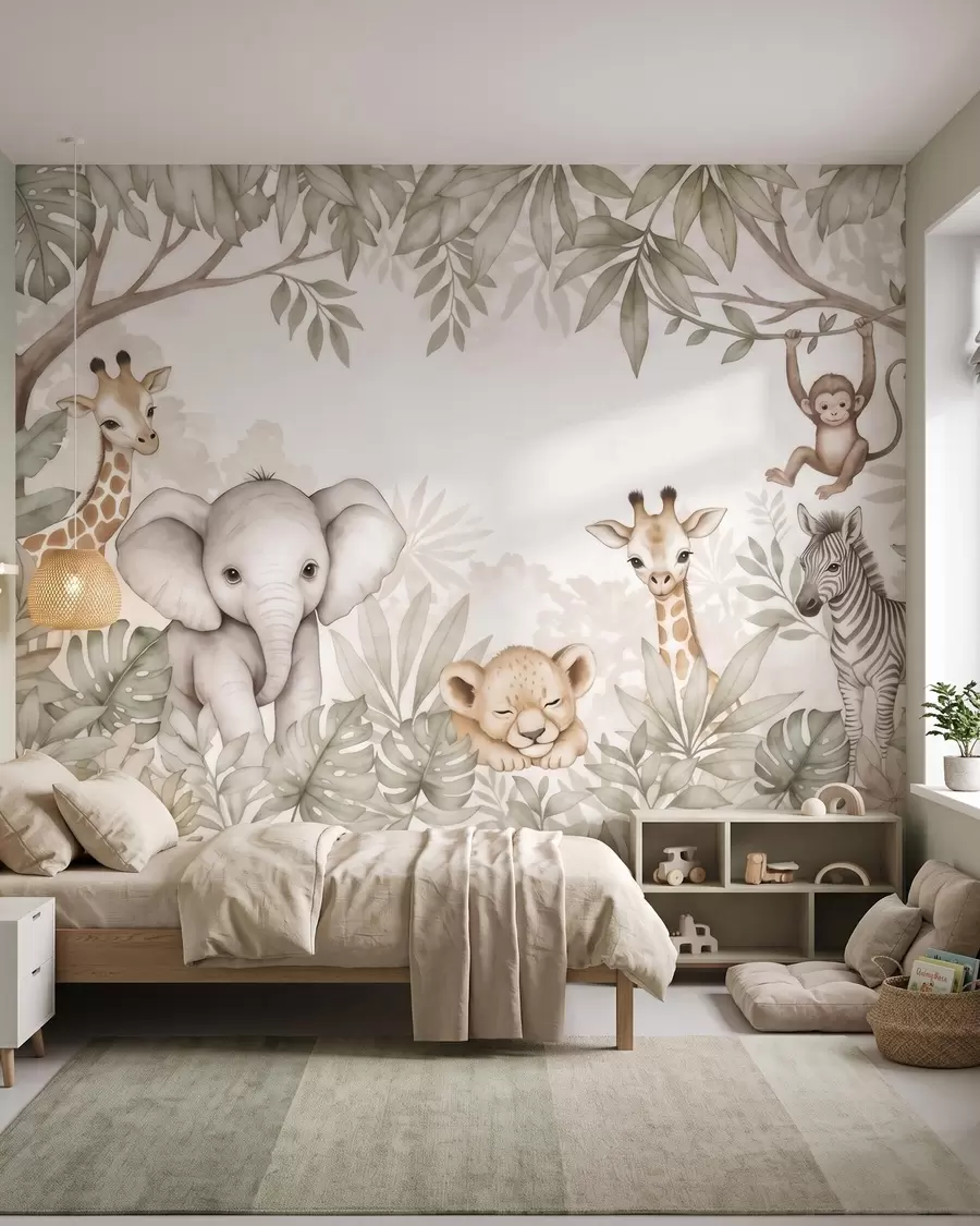 murales de pared Adorables animales de safari entre la vegetación tropical, en estilo acuarela w09885