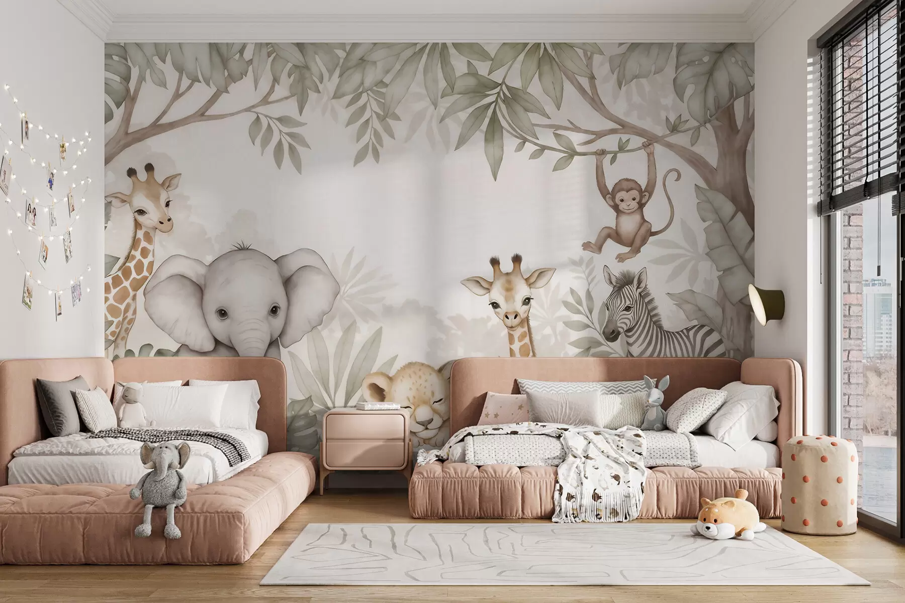 murales de pared Adorables animales de safari entre la vegetación tropical, en estilo acuarela w09885