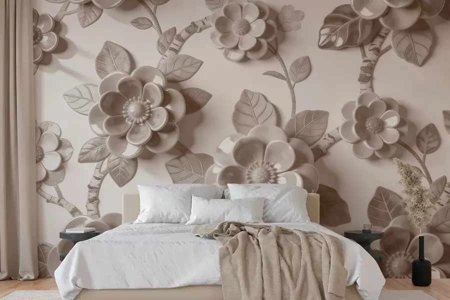 murales de pared Elegante arreglo floral en tonos beige con flores esculpidas en tres dimensiones w09887v1