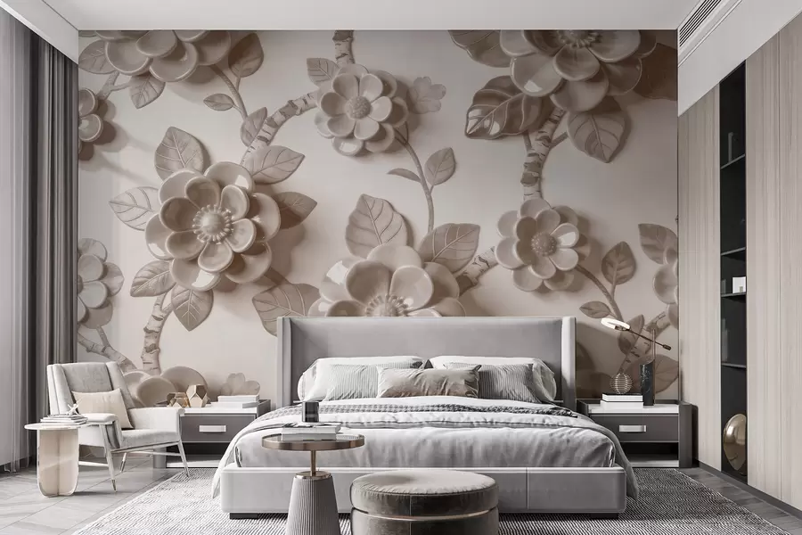 murales de pared Elegante arreglo floral en tonos beige con flores esculpidas en tres dimensiones w09887v1