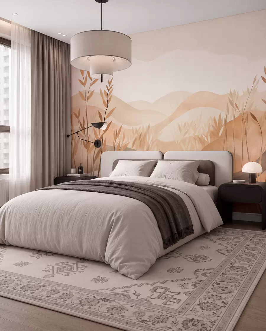 murales de pared Paisaje abstracto con colinas onduladas en tonos marrones y beige, obra de arte con textura w09617
