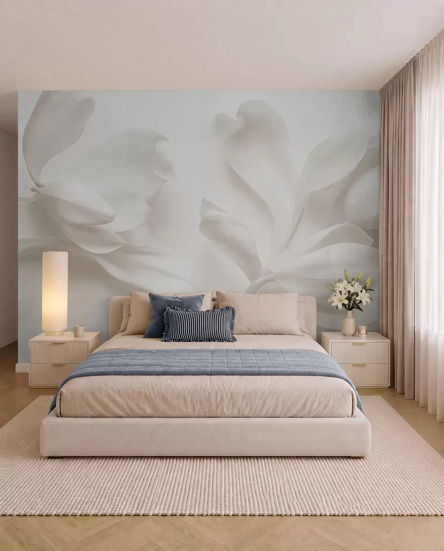 murales de pared Flores de magnolia blancas con textura y pétalos delicados, sobre un fondo claro difuminado w09771