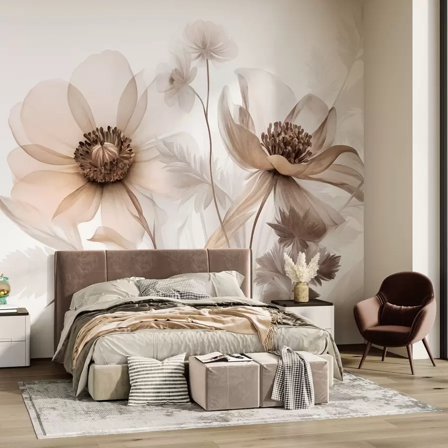 murales de pared Flores grandes, translúcidas y de tonos sepia, con pétalos delicados, hojas plumosas y flores más pequeñas w09900