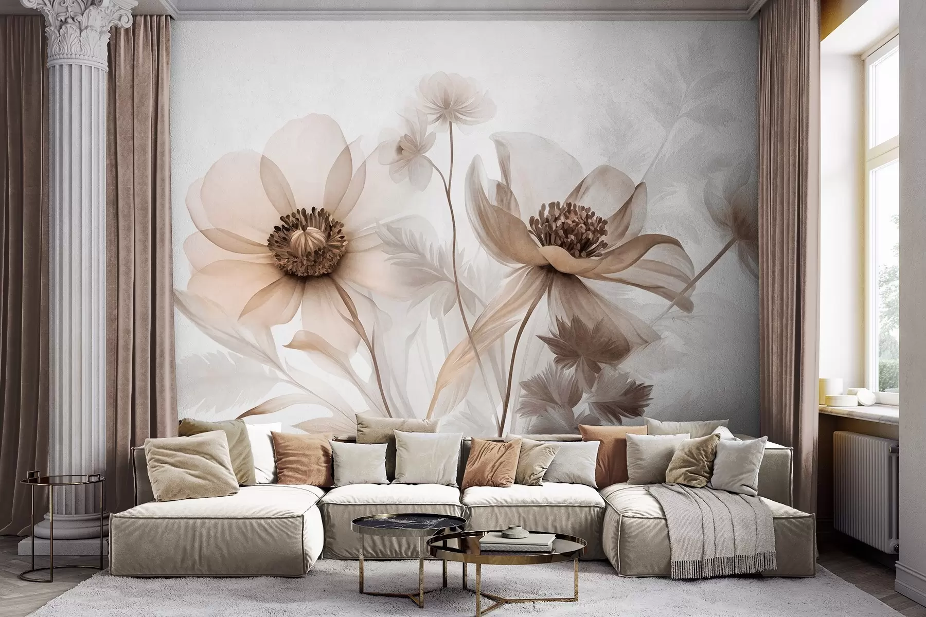 murales de pared Flores grandes, translúcidas y de tonos sepia, con pétalos delicados, hojas plumosas y flores más pequeñas w09900