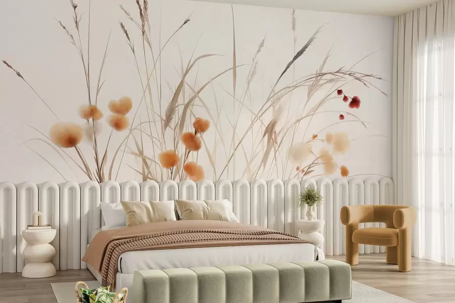 murales de pared Hierbas altas y pequeñas flores silvestres de color naranja sobre un fondo pálido, con un estilo boho lleno de textura w09902