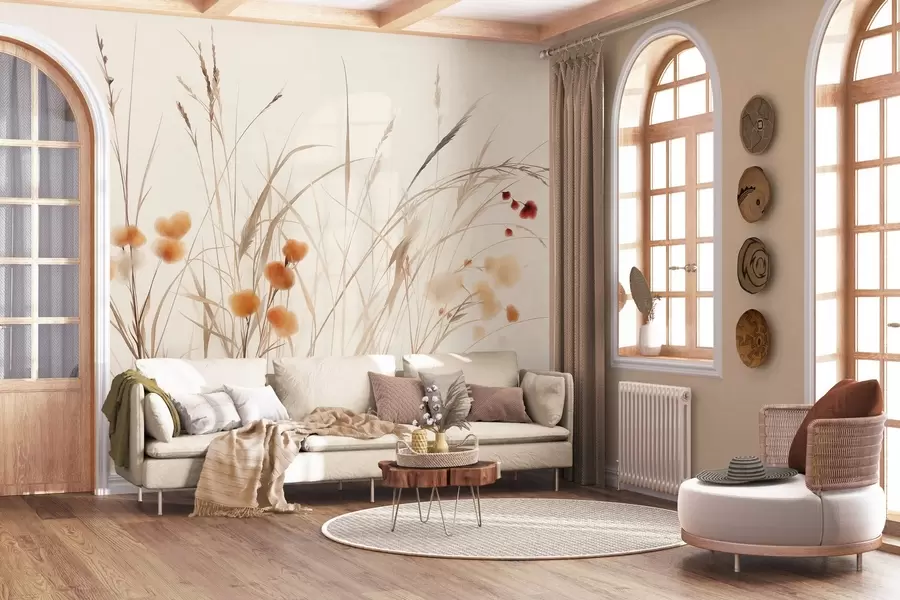 murales de pared Hierbas altas y pequeñas flores silvestres de color naranja sobre un fondo pálido, con un estilo boho lleno de textura w09902