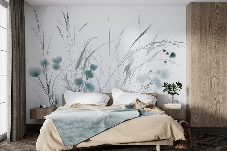 murales de pared Hierbas altas y pequeñas flores silvestres azules sobre un fondo pálido, con un estilo boho lleno de textura w09902v1