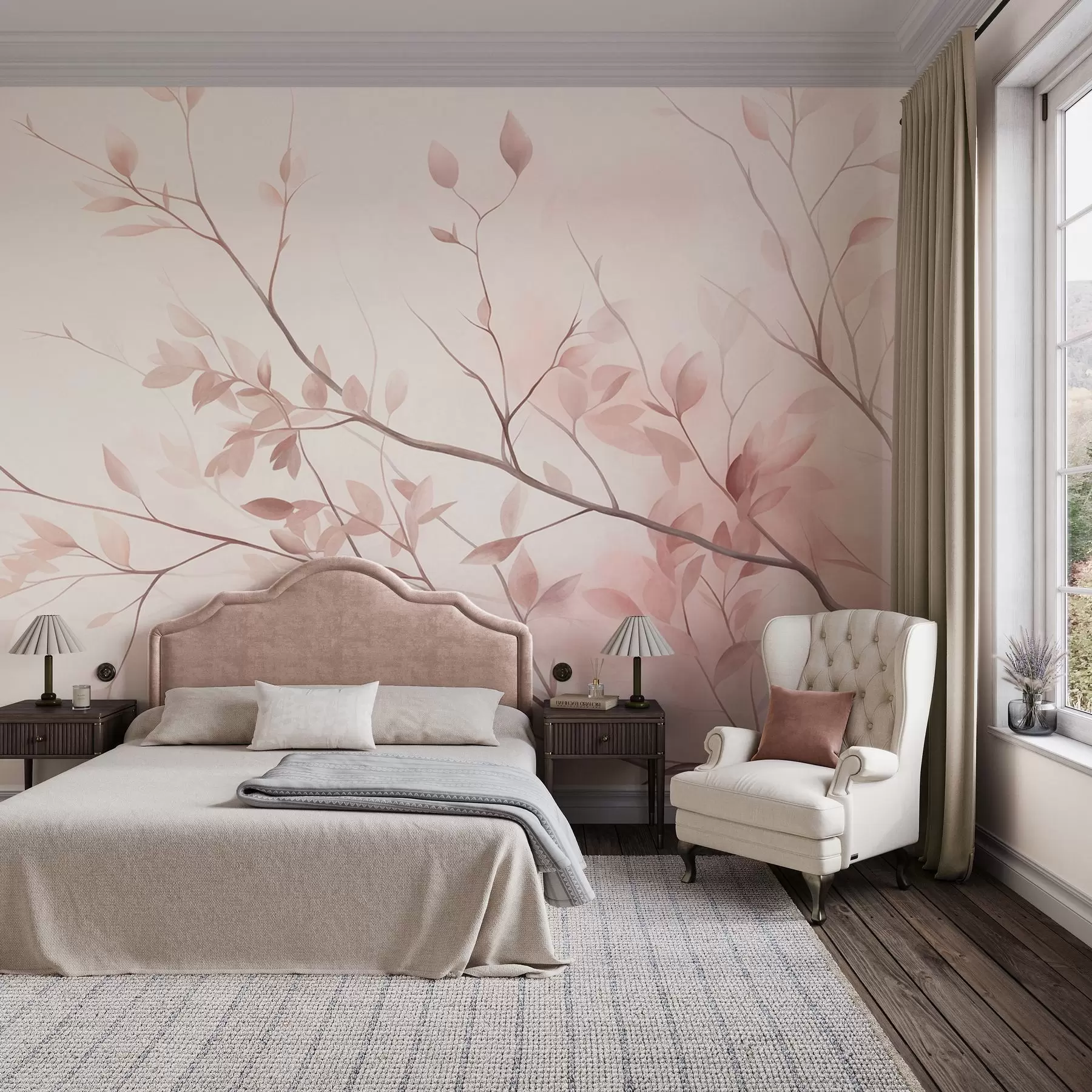 murales de pared Ramas delicadas con hojas de un rosa suave sobre un fondo pálido, al estilo de la acuarela w09910