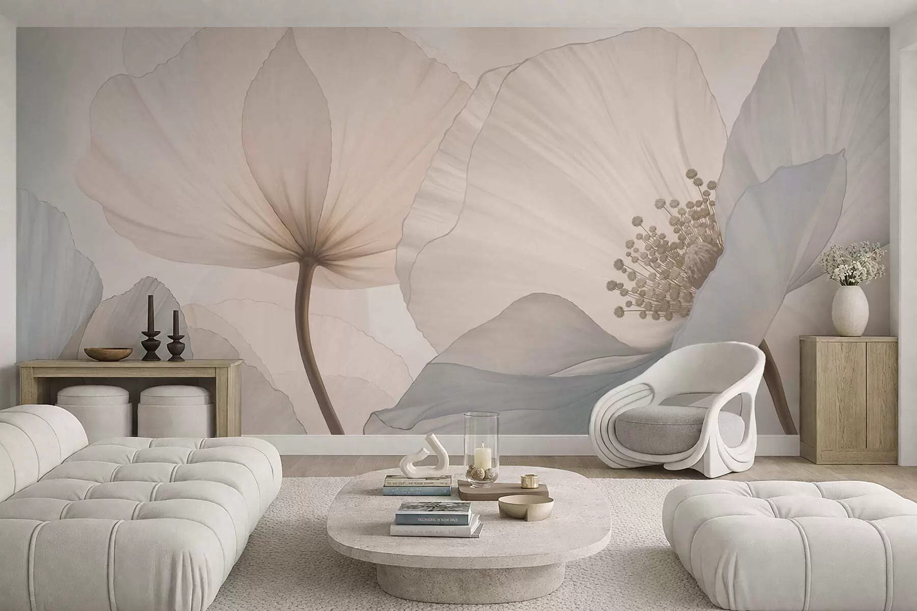 murales de pared Flores grandes y delicadas en tonos pastel claros w05692