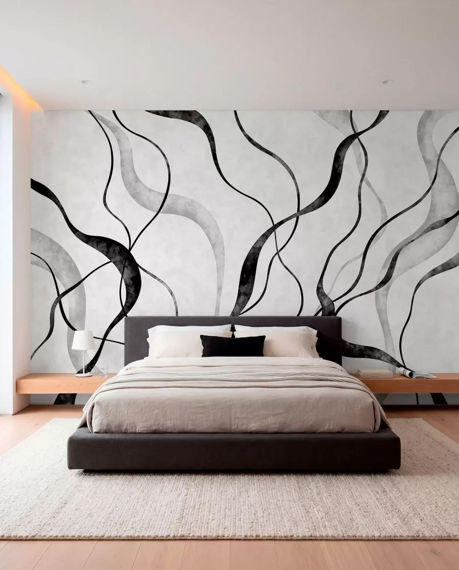 murales de pared Líneas fluidas y abstractas en tonos monocromáticos w05699