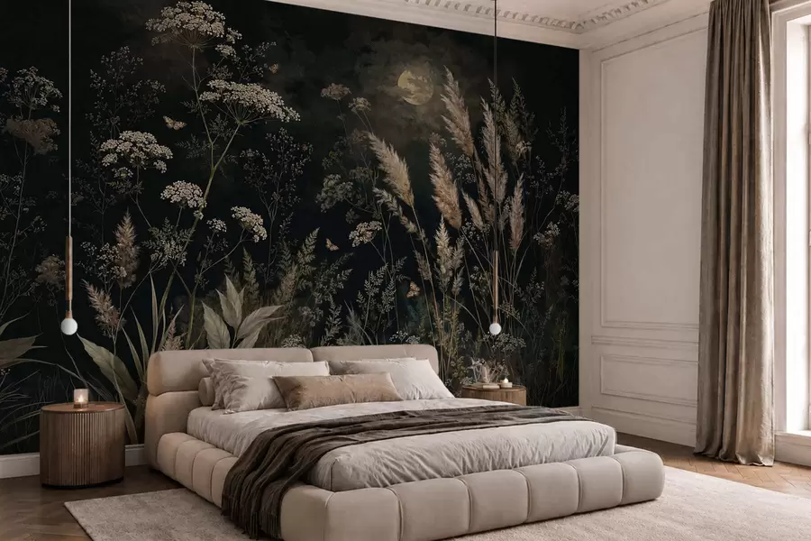 murales de pared Pradera a la luz de la luna con hierbas y flores silvestres w05701