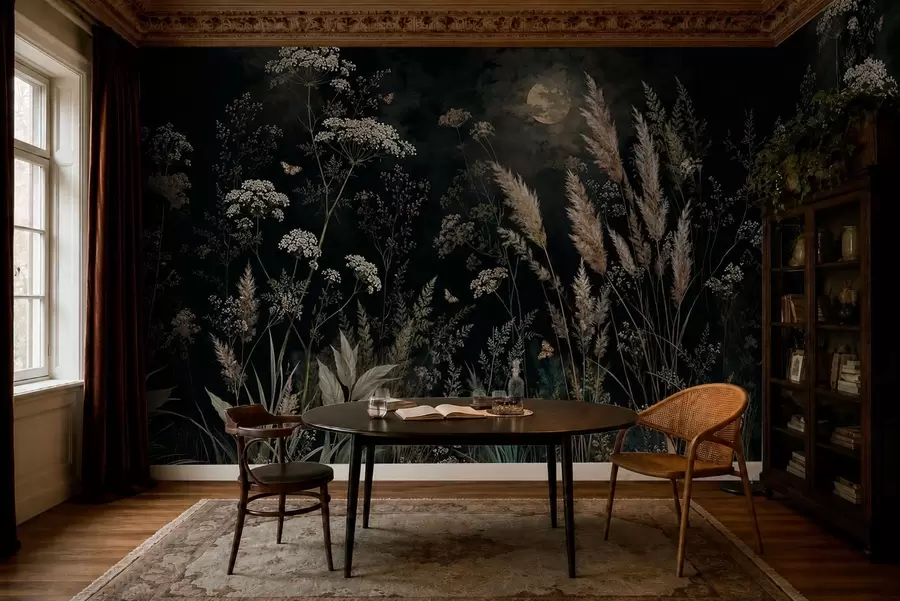 murales de pared Pradera a la luz de la luna con hierbas y flores silvestres w05701