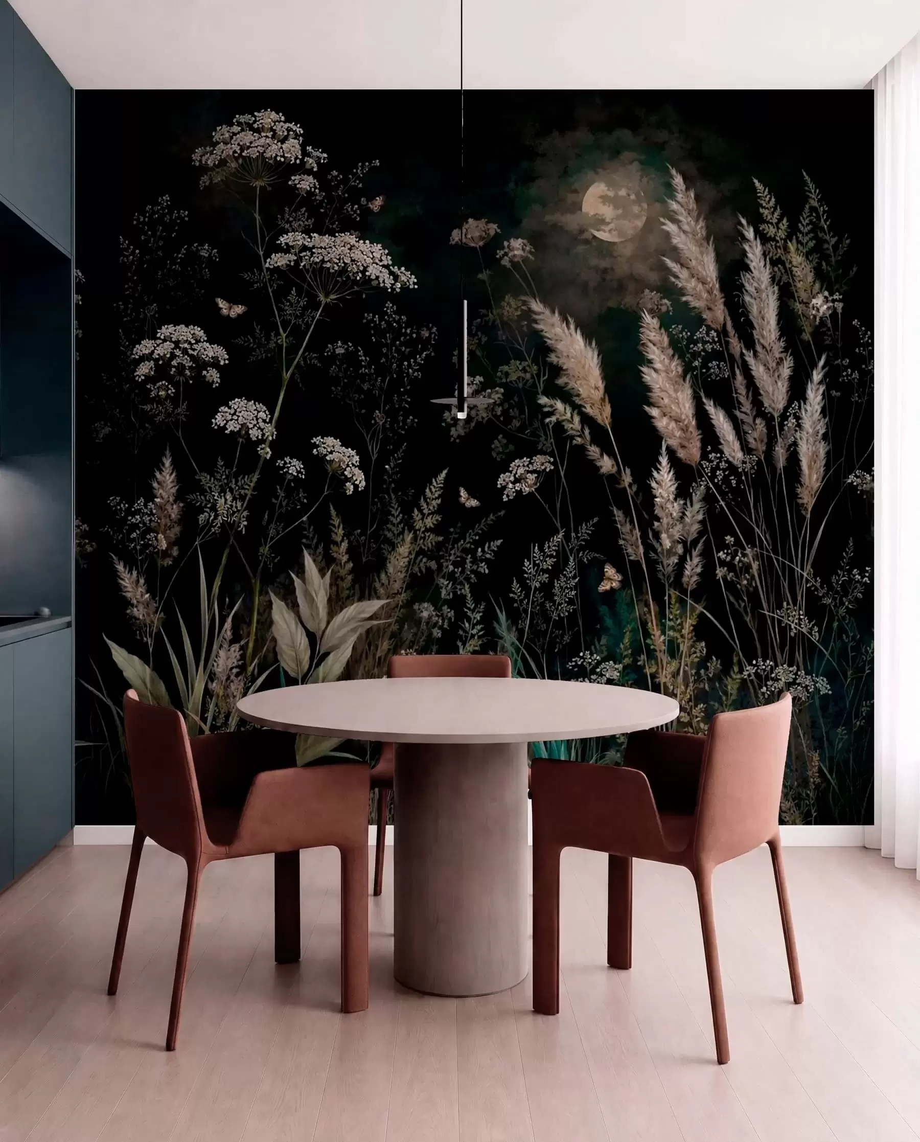 murales de pared Pradera a la luz de la luna con hierbas y flores silvestres w05701