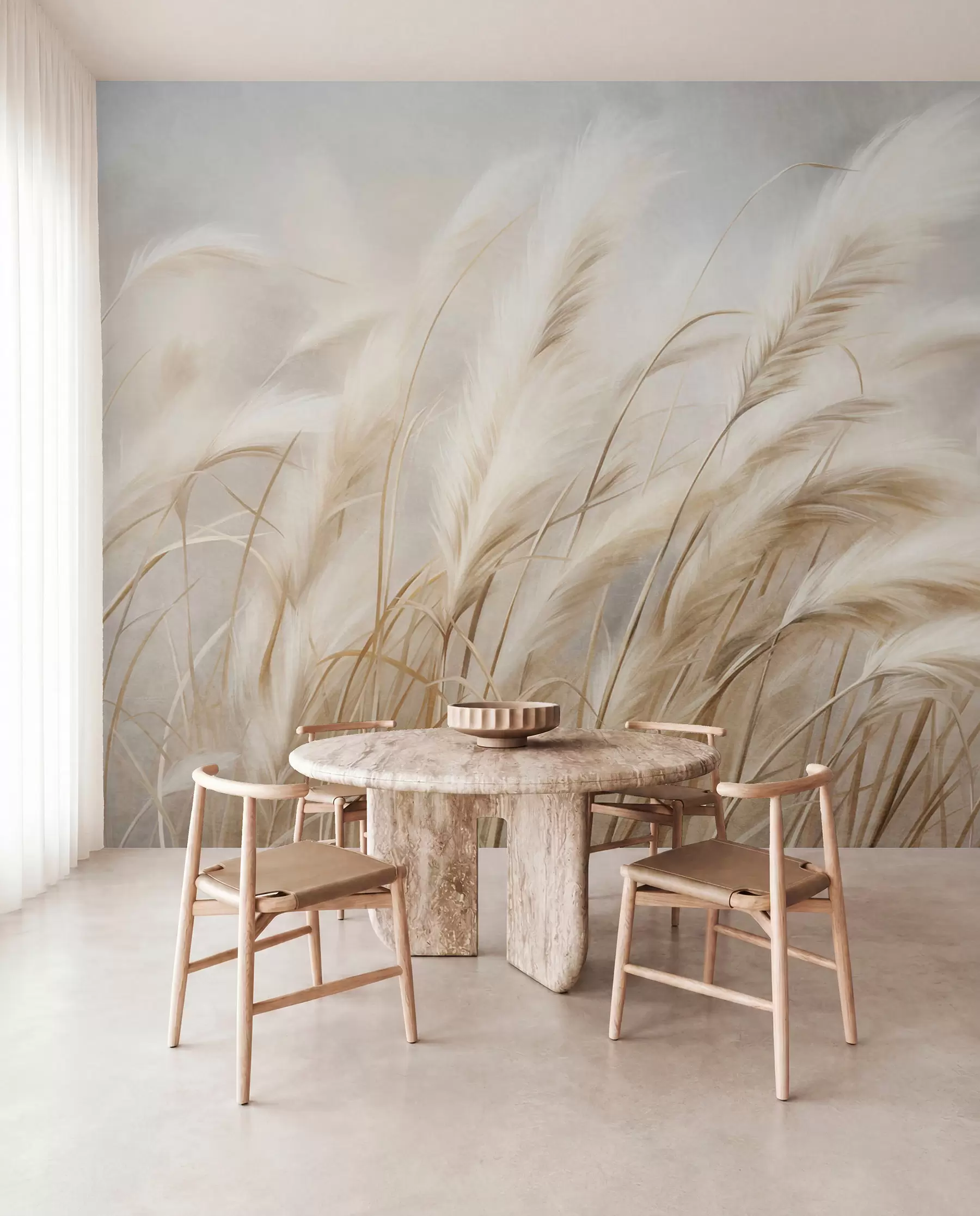 murales de pared Alta hierba de la pampa que se mece suavemente con el viento sobre un fondo suave y apagado; obra de arte con textura w09825