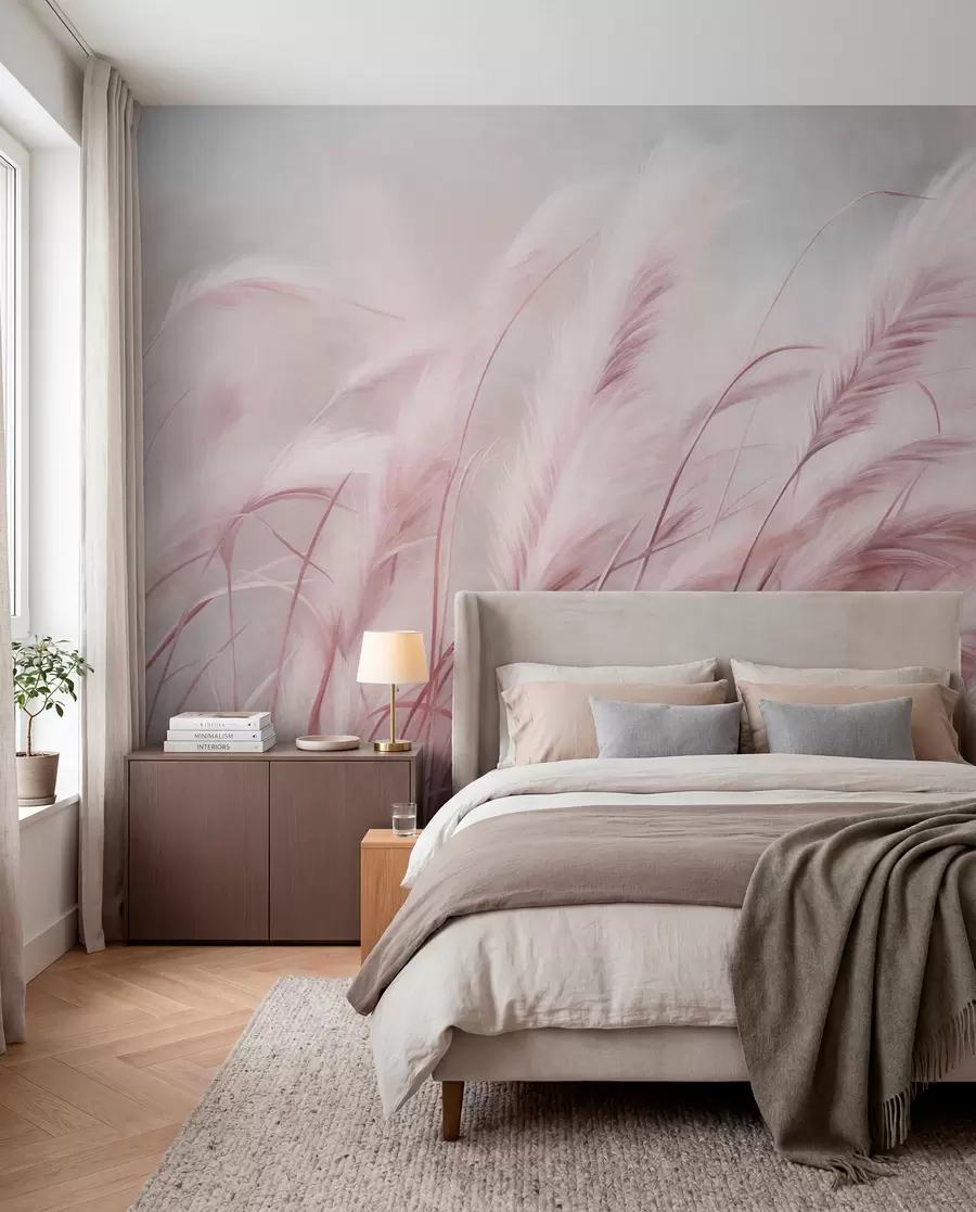 murales de pared Alta hierba de la pampa que se mece suavemente con el viento sobre un fondo suave y apagado; obra de arte con textura w09825v1