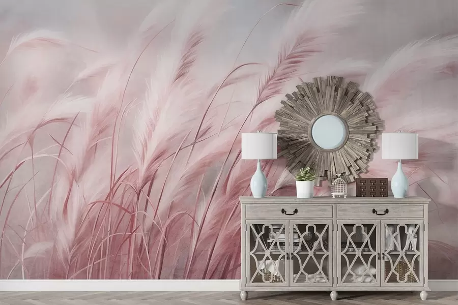 murales de pared Alta hierba de la pampa que se mece suavemente con el viento sobre un fondo suave y apagado; obra de arte con textura w09825v1