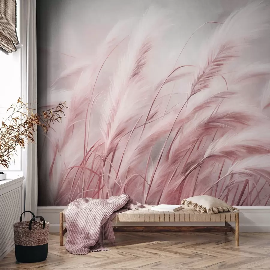 murales de pared Alta hierba de la pampa que se mece suavemente con el viento sobre un fondo suave y apagado; obra de arte con textura w09825v1