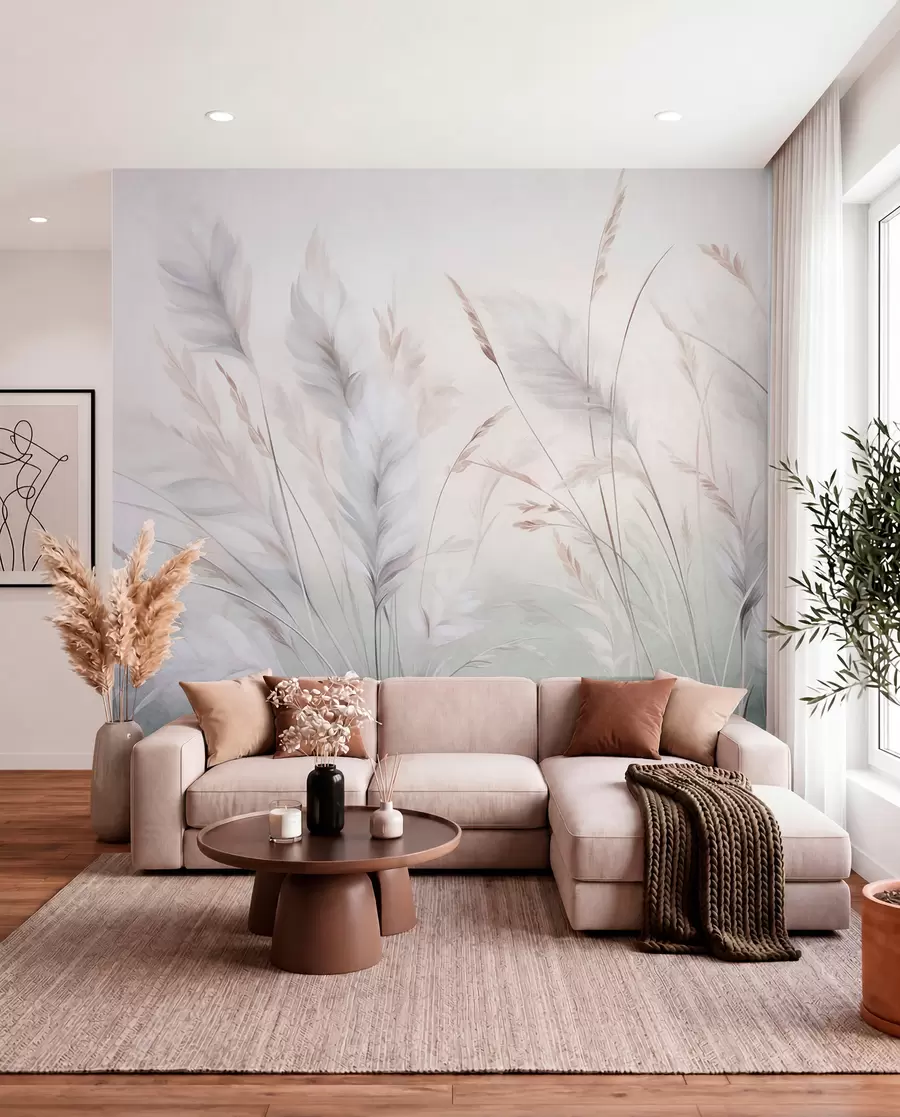 murales de pared Hierbas altas y plumosas que se mecen suavemente sobre un fondo suave y tenue: un delicado arte natural w09831