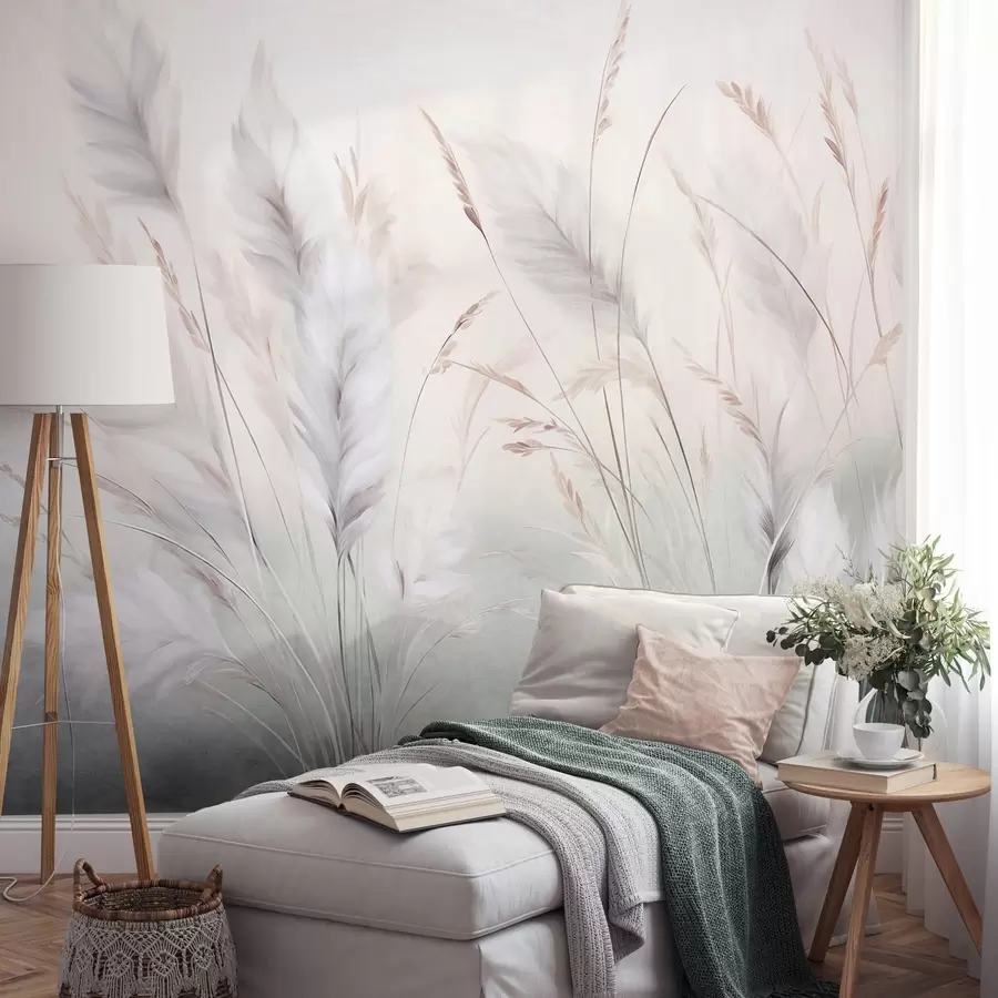 murales de pared Hierbas altas y plumosas que se mecen suavemente sobre un fondo suave y tenue: un delicado arte natural w09831