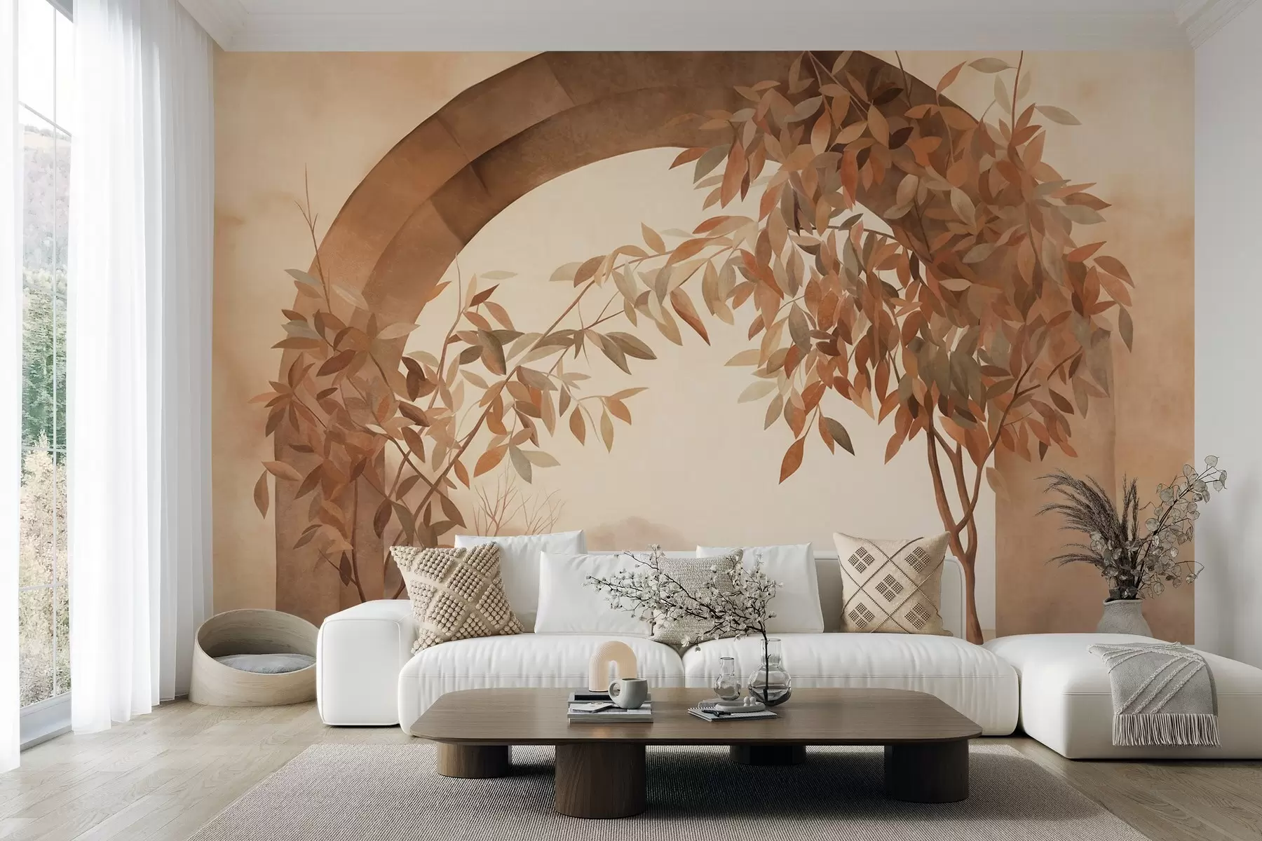 murales de pared Un arco con un paisaje, árboles y follaje en suaves tonos otoñales, obra de arte con textura w09907